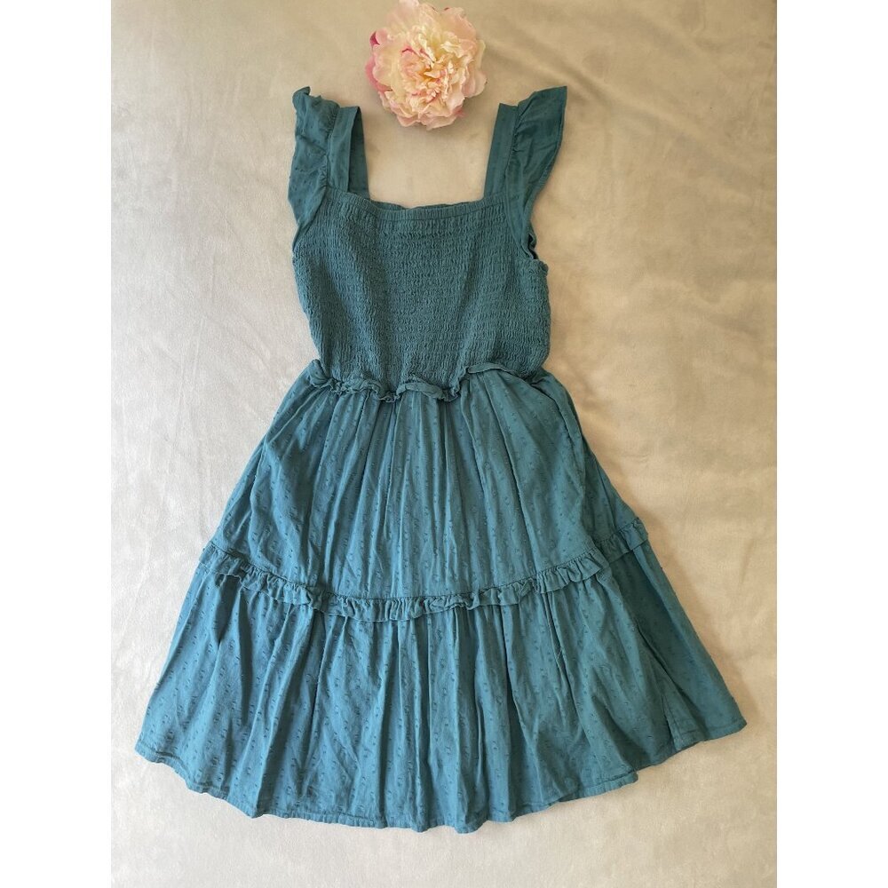 Vintage Y2K Old Navy Teal Smocked Dress With Ruffle Straps & Skirt Cottagecore